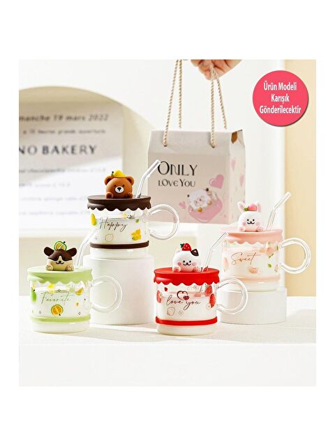 Bam Hediyelik Eşya Sevimli Hayvan Figürlü Silikon Kapaklı Pipetli Cam Kupa - S000375258-23173