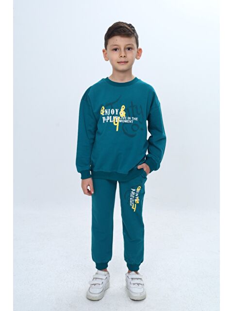 Toontoykids Erkek Çocuk 2'li Takım Baskılı Bisiklet Yaka Kısa Kollu Sweatshirt & Beli Paçası Lastikli Cepli Jogg