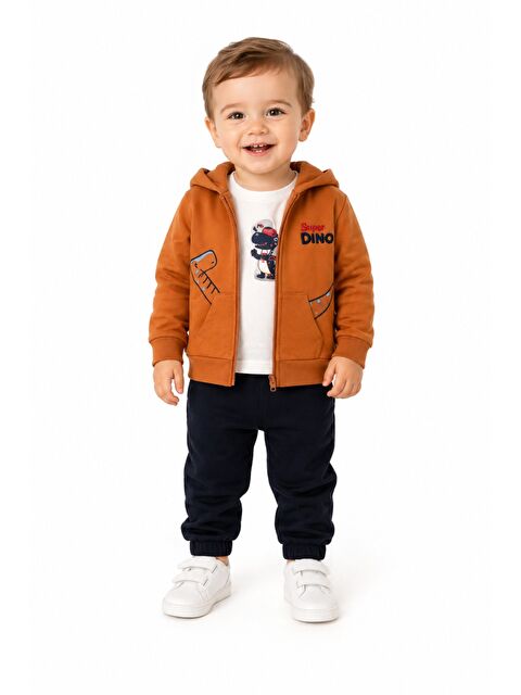Kidex's Erkek Bebek Dino Baskılı Kapüşonlu 3lü Takım Fermuarlı Hırka Tişört Pantolon