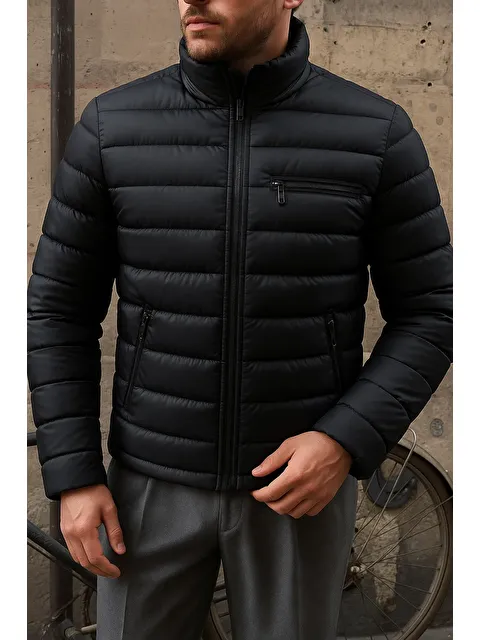 Comstar Erkek Kışlık Slim Fit Günlük Siyah Şişme Mont