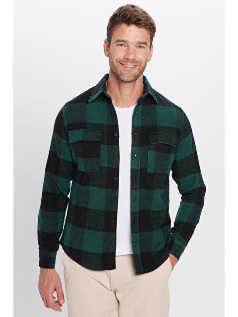 TUDORS Unisex Slim Fit Dar Kesim Oduncu Çift Cep Kapaklı Kareli Kışlık Gömlek