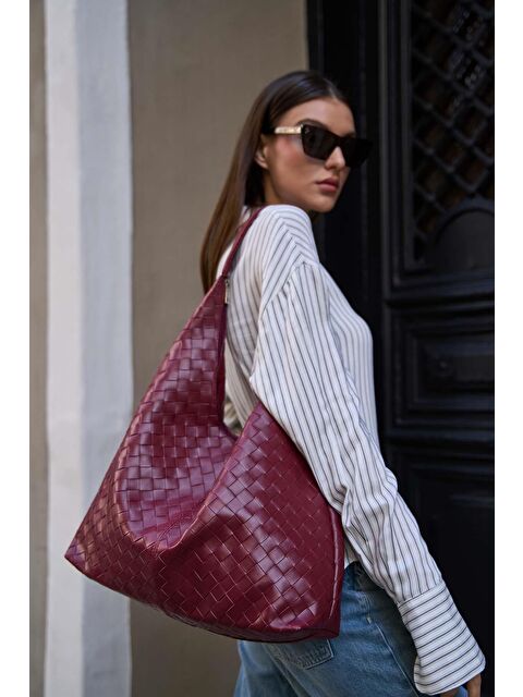 MADAMRA Örgü Desenli  Deri Omuz Çantası Bordo - S000152784-19951