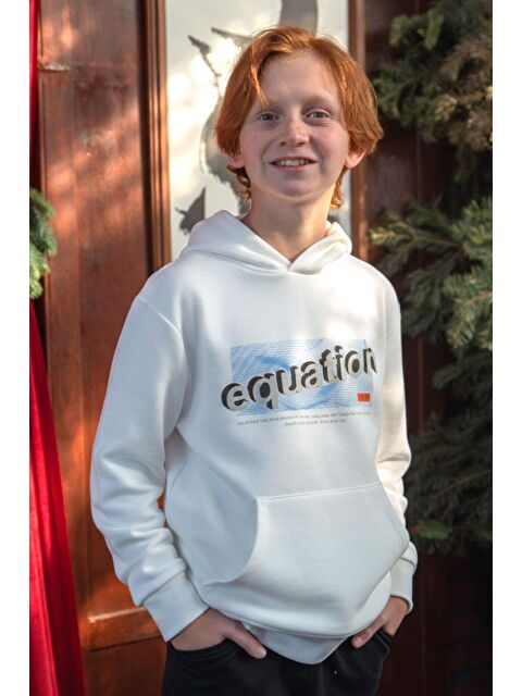 Breeze Erkek Çocuk Sweatshirt Yazı Baskılı Kanguru Cepli Kapüşonlu Beyaz (8-14 Yaş) - S000507698-20063