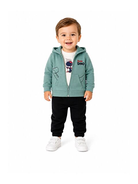Kidex's Erkek Bebek Dino Baskılı Kapüşonlu 3lü Takım Fermuarlı Hırka Tişört Pantolon