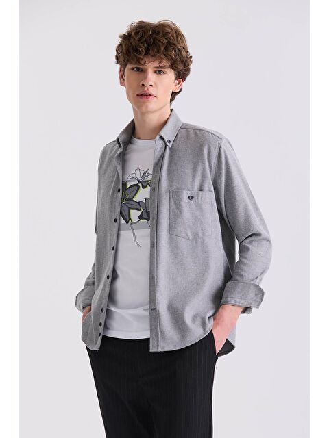 JAKAMEN Gri Slim Fit Düğmeli Yaka Pamklu Cepli Gömlek - S000495804-20600