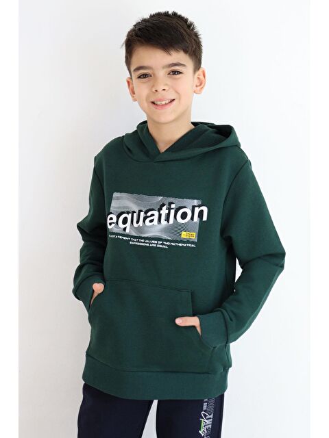 Breeze Erkek Çocuk Sweatshirt Yazı Baskılı Kanguru Cepli Kapüşonlu Koyu Yeşil (8-9 Yaş)