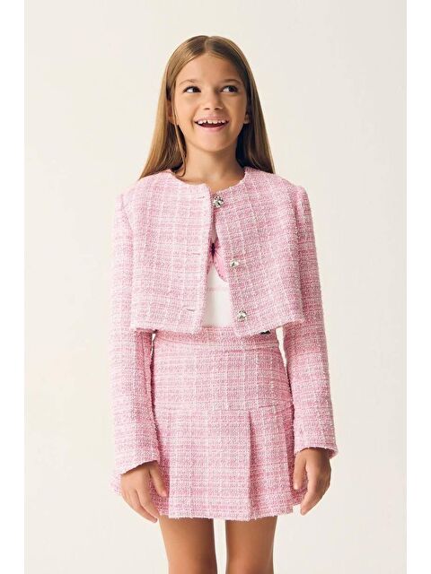 Monila Kız Çocuk Pembe Tweed Kumaş  Etekli Ceketli Ve Tshirtlü 3'Lü Takım - S000516111-20024