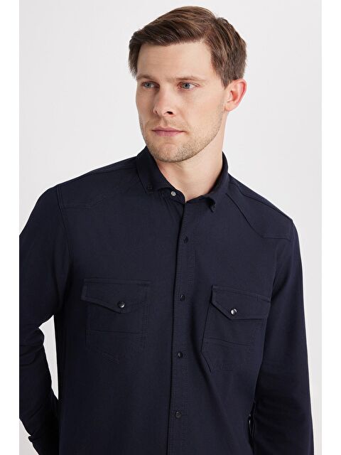 TUDORS Erkek Regular Fit Rahat Kesim Çift Cepli Spor Yaka Denim Lacivert Gömlek - S000519966-21164