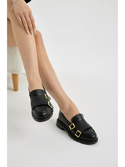 TONNY BLACK Kadın Siyah Cilt Kalın Poli Taban Çift Tokalı Günlük Loafer - S000493944-14430