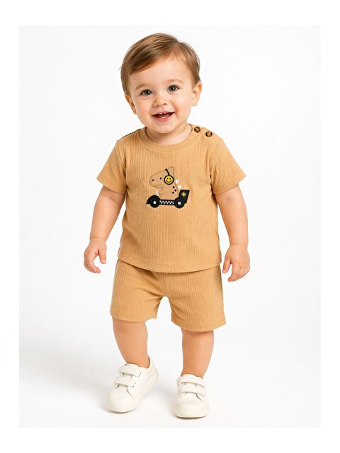 Kidex's Erkek Bebek Dino Baskılı Fitilli 2li Şortlu Takım Yazlık Tişört Şort