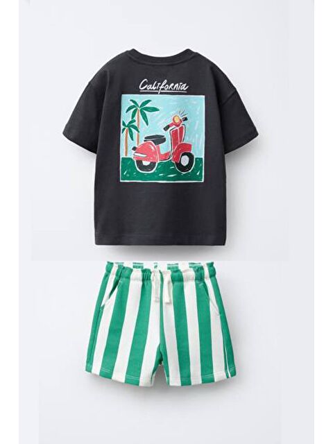 Monila Erkek Çocuk Pamuklu Baskılı T-Shirt Ve Çizgili Şort Alt Üst Takım