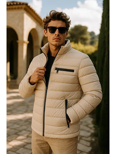 Comstar Erkek Comfort Dik Yaka Günlük Kışlık Krem Şişme Mont