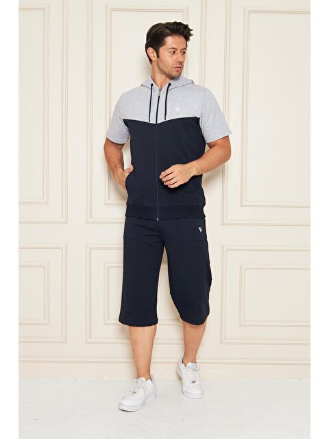 TRENDHILL Erkek Pamuklu Kapüşonlu Kapri Takım Gri / Lacivert 7501-G.L. - S000515190-20600