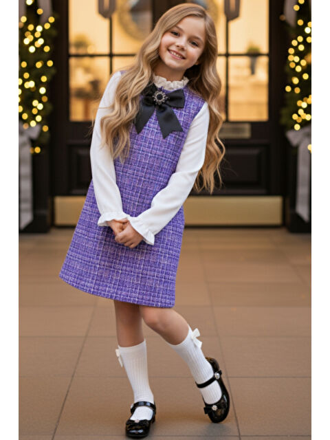 Parla Kids Kız Çocuk Lila Mor Vanessa Broş Detaylı Tüvit Uzun Kollu Yılbaşı Elbisesi - S000464864-17878
