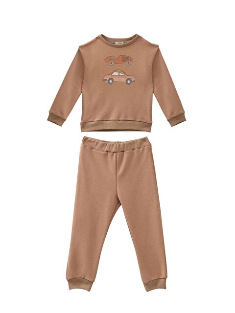 MİNİNİO Erkek Bebek Araba Baskılı Eşofman Takımı - Bej - S000363580-19928