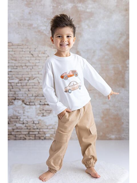 MİNİNİO Erkek Bebek Baskılı T-Shirt Gabardin Takım - Kahve - S000363590-19413