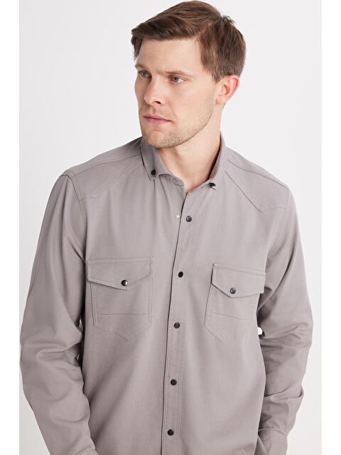 TUDORS Erkek Regular Fit Rahat Kesim Çift Cepli Spor Yaka Denim Gri Gömlek - S000519975-20600