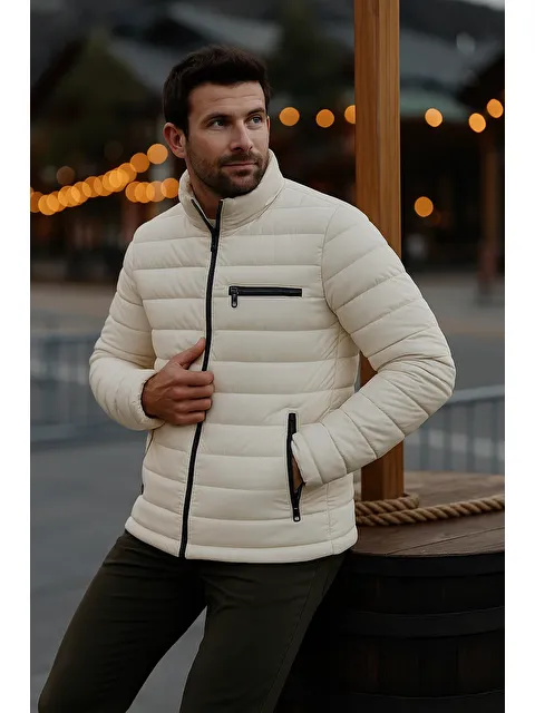 Comstar Erkek Trend Günlük Dik Yaka Kışlık Krem Şişme Mont