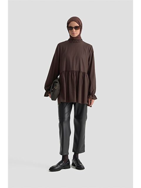 ARMİNE Fırfırlı Balon Kollu Tunik 25Kd9018  Acı Kahve