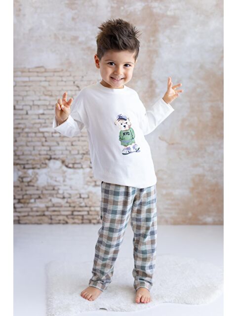 MİNİNİO Erkek Bebek Ayı Baskılı Ekose Pantolon Takım - Yeşil - S000363597-18194