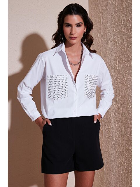 Lela Cepleri Taş Detaylı % 100 Pamuk Oversize Gömlek 51444782 - S000162614-20063