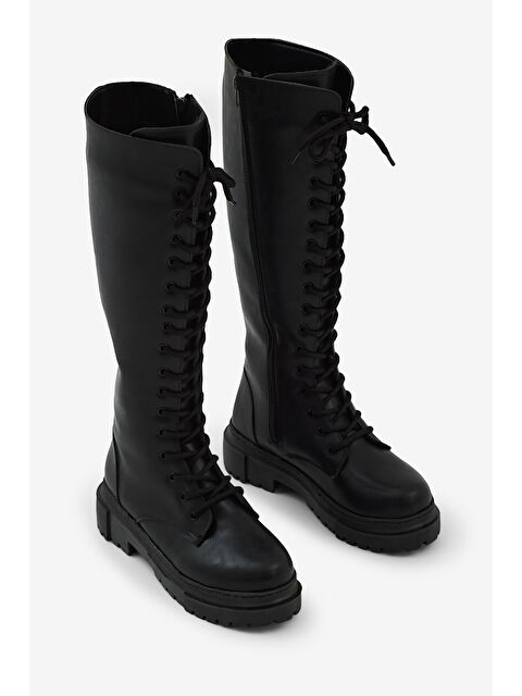 TONNY BLACK Kadın Siyah Kalın Poli Taban Bağcıklı ve Fermuarlı Diz Altı Çizme - S000493967-19351