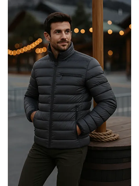 Comstar Erkek Trend Günlük Dik Yaka Kışlık Füme Şişme Mont