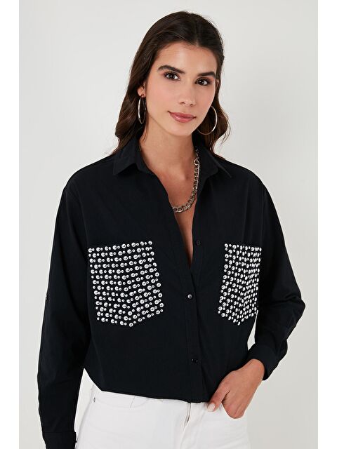 Lela Cepleri Taş Detaylı % 100 Pamuk Oversize Gömlek 51444781 - S000162616-19351