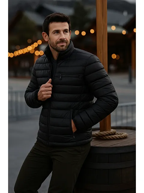 Comstar Erkek Trend Günlük Dik Yaka Kışlık Siyah Şişme Mont