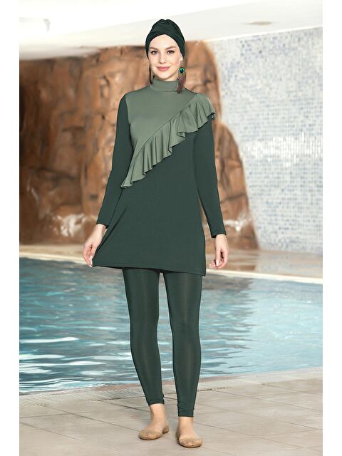 Hazelin Kadın Haki Uzun Kollu Boneli Tam Kapalı Önü Fırfırlı Taytlı Tesettür Mayo  HZL24S-AR1262-29 - S000137524-18547