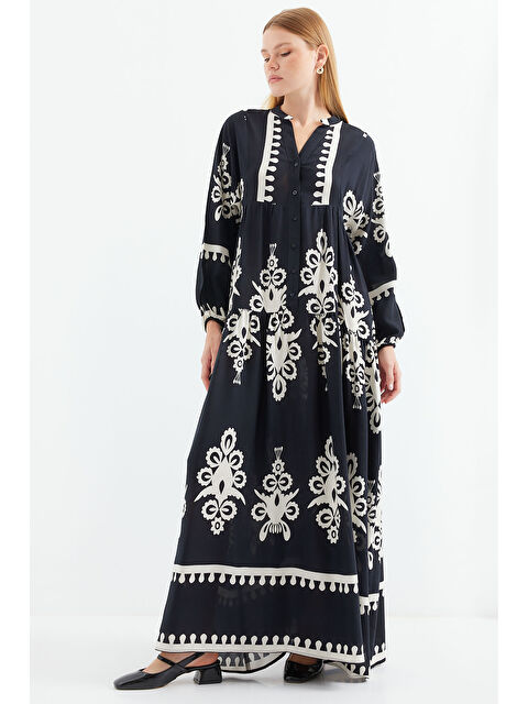 Bigdart 2423 Otantik Desenli Tesettür Elbise - Z.Siyah - S000089420-2531
