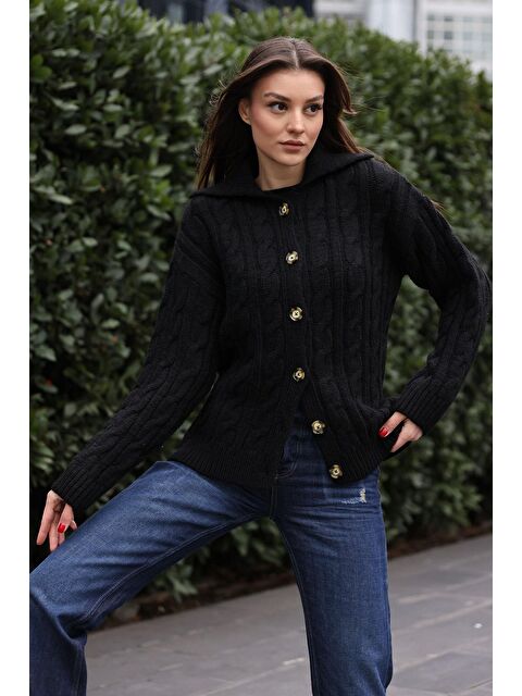 Bigdart 15856 Saç Örgülü Hırka - Siyah - S000127355-19351