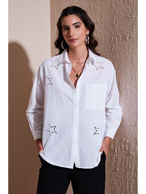 Lela Yıldız Desenli Brode Detaylı % 100 Pamuk Regular Fit Gömlek 51443901 - S000162620-20063