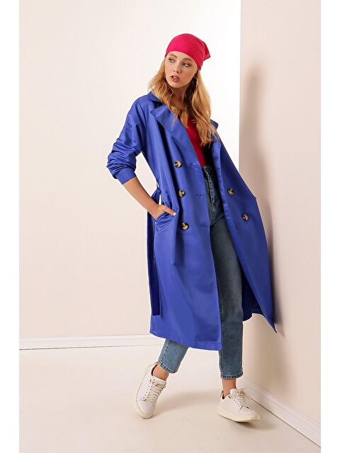 Hazelin Kadın Sax Kruvaze Yaka Kemerli Astarsız Mevsimlik Rahat Trençkot HZL22S-BD158531 - S000045017-23710