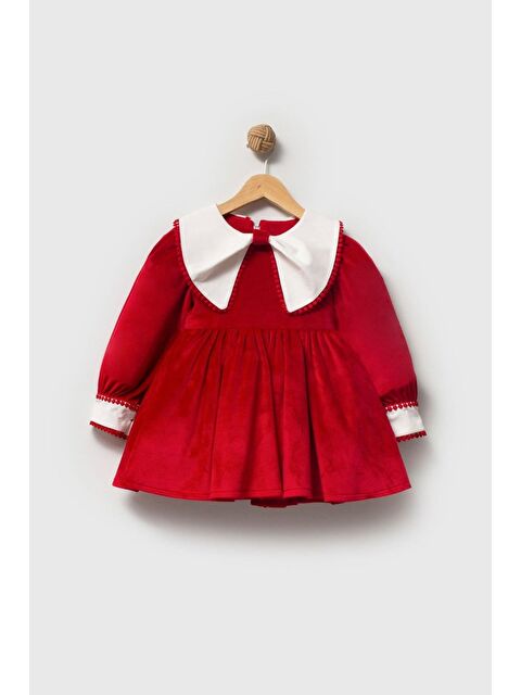 Magu Kız Çocuk Pamuklu Kadife Kırmızı Beyaz Yakalı Elbise - Balon Kol Ve Ponpon Detaylı - S000491935-20045