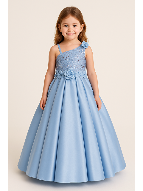 Magu Kız Çocuk  Mavi Tek Omuz Çiçek Detaylı Tarlatanlı Abiye Elbise - Pileli Uzun Etek - S000491944-17234