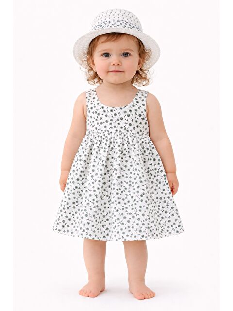 Kidex's Kız Bebek Çiçek Desenli Yazlık Elbise Şapkalı Sırt Dekolteli Fiyonk Detaylı