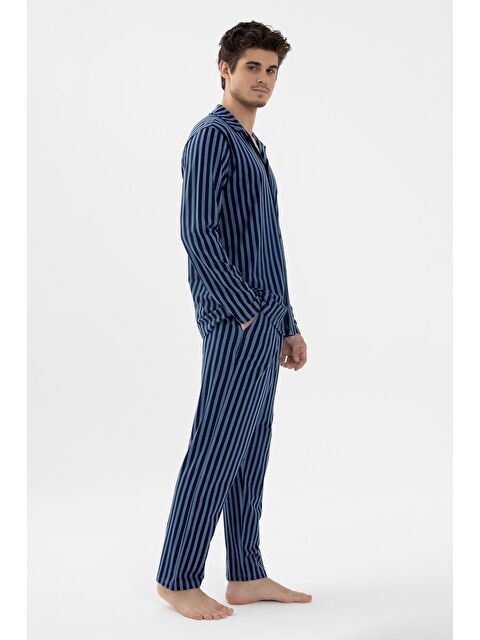 Koza İç Giyim Erkek Mavi Çizgili Pamuklu Kombinli Gömlek Yaka Pijama Takımı - S000265563-37375