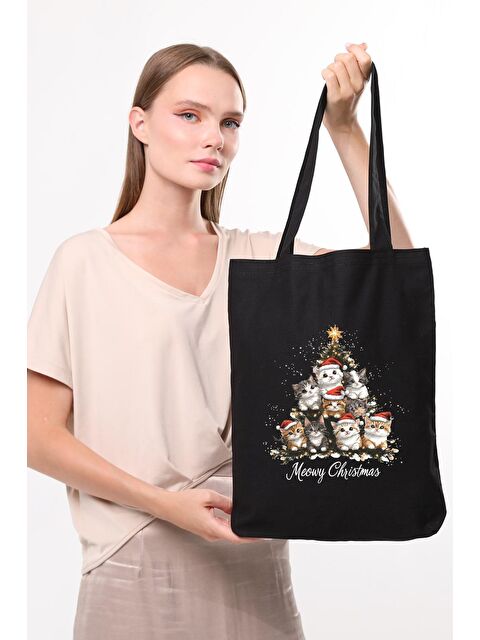 Bagg Siyah Kanvas Yeni Yıl Ve Şapkalı Kediler Baskılı Çanta