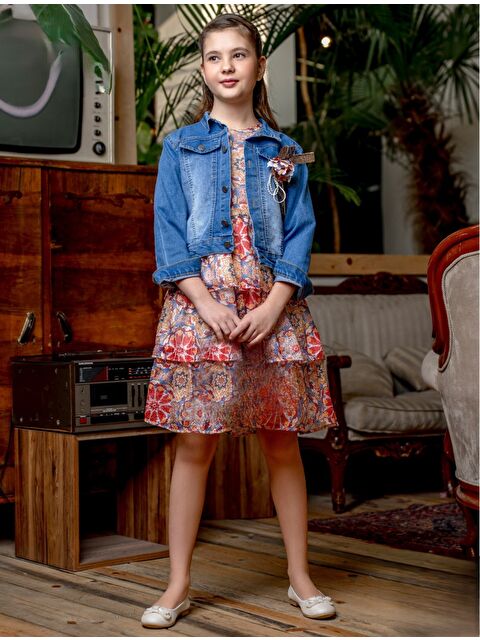 Mnk Baby & Kids Kız Çocuk Baskılı Dantel Elbise Jean Ceket Takımı M00718 - S000388576-20045