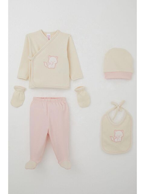 Breeze Kız Bebek Hastane Çıkışı 5 Li Sevimli Kedi Nakışlı Fiyonklu Krem (0-3 Ay) - S000507269-19966