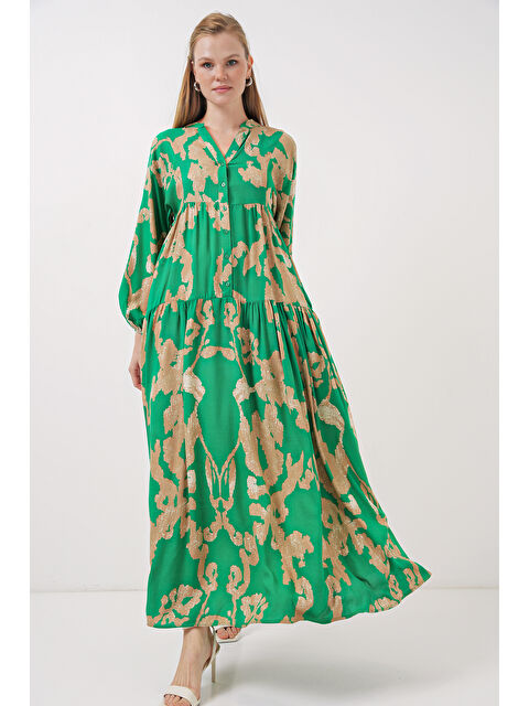 Bigdart 2423 Otantik Desenli Tesettür Elbise - Zümrüt Yeşili - S000089420-18709
