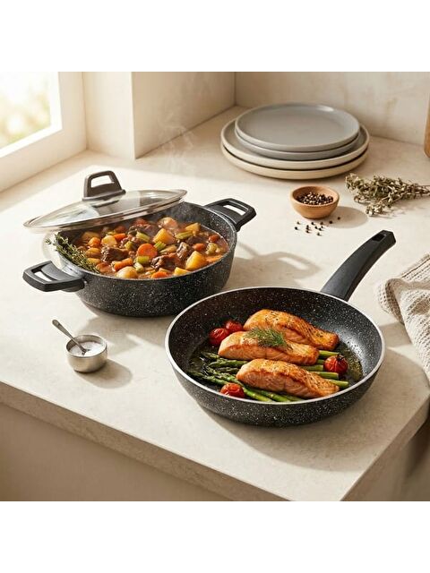 Evidea Kitchen Black Force 3 Parça Tencere Seti - Siyah - 26 cm + 26 cm