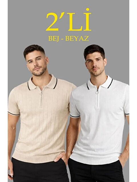 Jane's Erkek Dokuma Triko Tişört Fermuar Yakalı Yazlık Kısa Kol T-Shirt 2’li Set