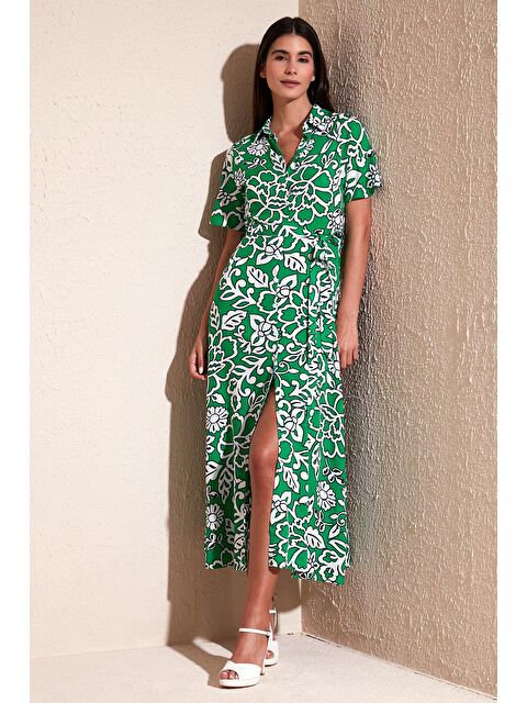 Lela Desenli Yırtmaçlı Gömlek Yaka Maxi Elbise 611El502 - S000159691-18194