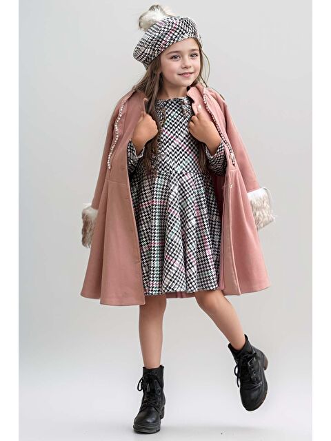 Riccotarz Kız Çocuk Kazayağı Desen Elbise Kolları Pelüş ve Omuzları İnci İşleme Kemerli Pembe Kaşe Kaban - S000319025-20024