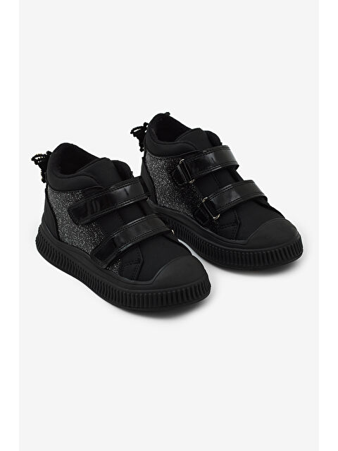 TONNY BLACK Çocuk Unisex Siyah Simli Esnek Termo Taban Çift Cırtlı Şerit Desenli Spor Kısa Bot - S000493936-19351