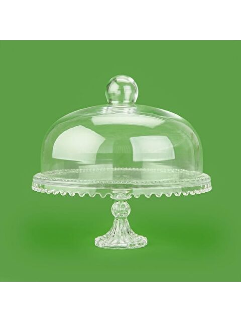 Alegre Glass Damla Yuvarlak Balon Kapaklı Ayaklı Sunumluk - Şeffaf - 28x27,5 cm