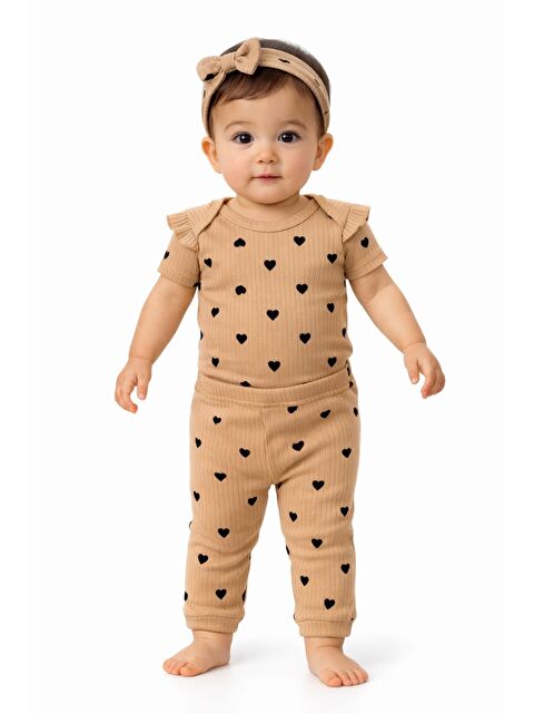 Kidex's Kız Bebek Kalp Desenli Fitilli 3lü Takım Zıbın Tayt Bandana