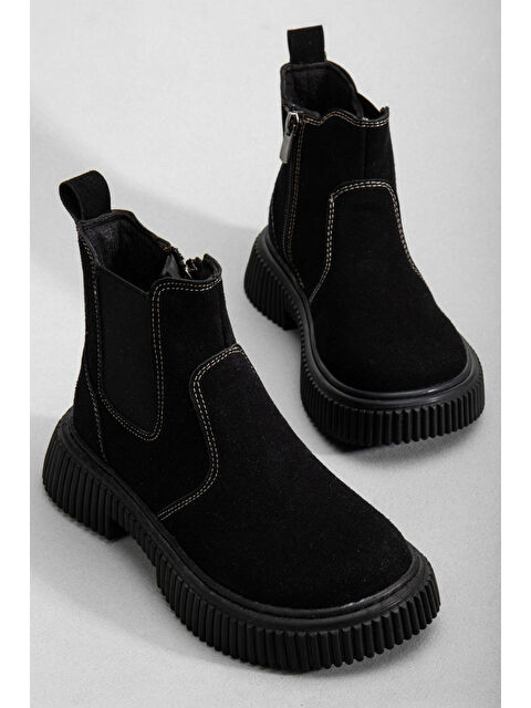 TONNY BLACK Çocuk Unisex Siyah Süet Kalın Tırtıklı Termo Taban Fermuarlı Lastikli Chelsea Bot - S000493931-19351